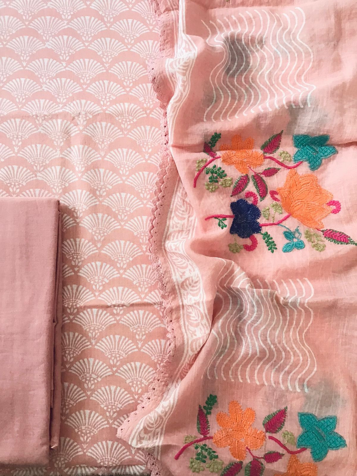 Pure Slub Cotton Printed Embroidered Suit - Peach