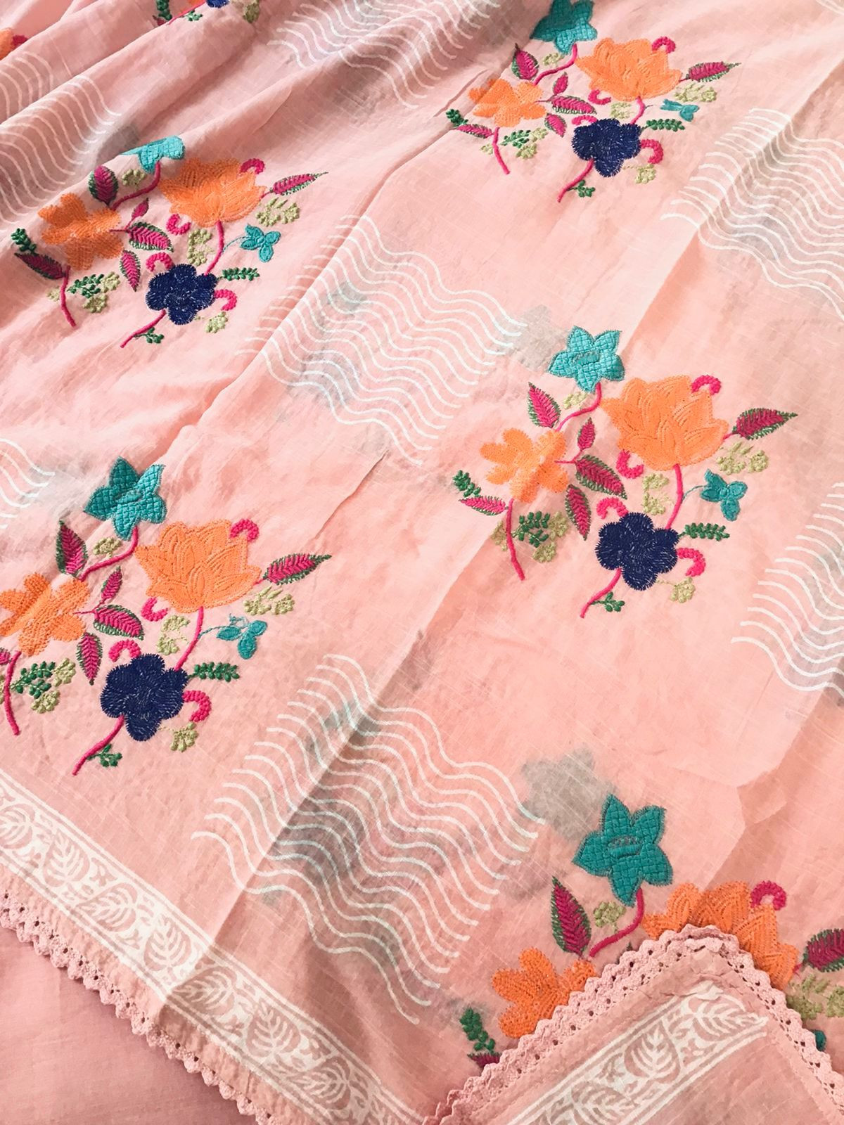 Pure Slub Cotton Printed Embroidered Suit - Peach