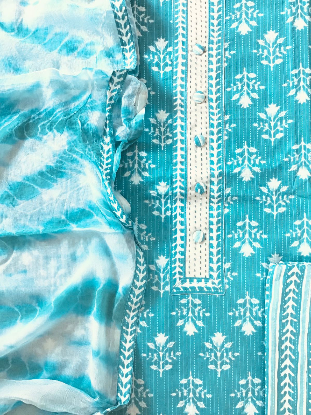 Pure Cotton Printed Embroidered Suit - Blue