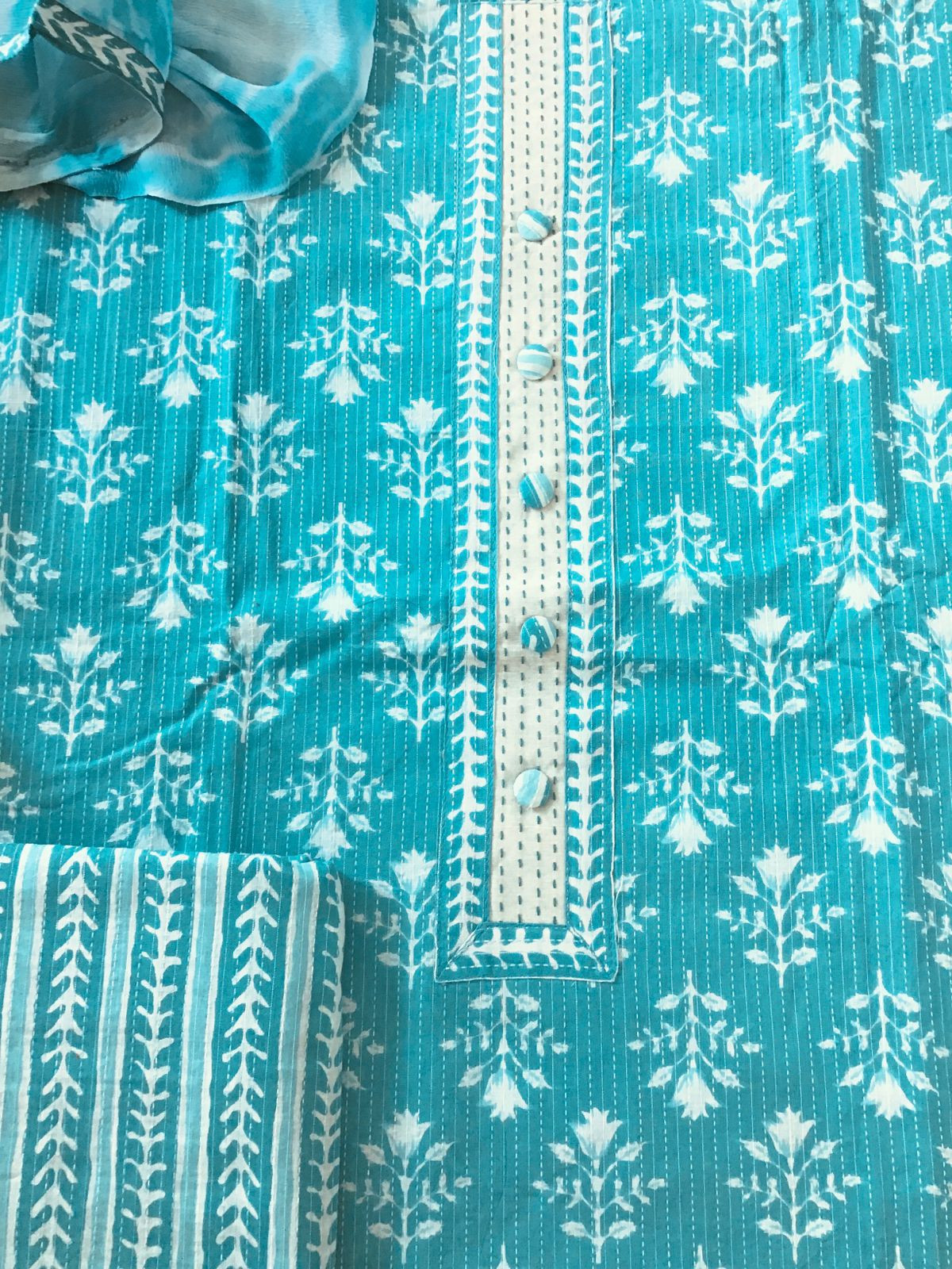 Pure Cotton Printed Embroidered Suit - Blue