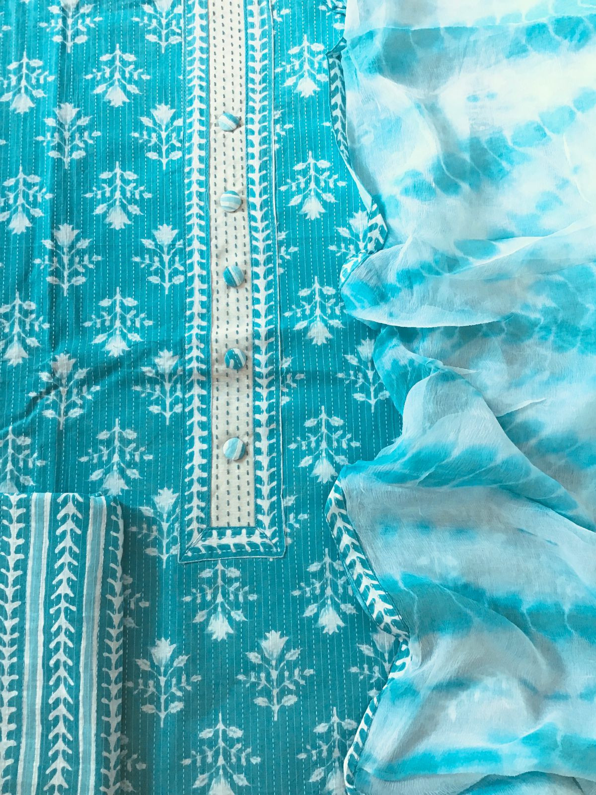 Pure Cotton Printed Embroidered Suit - Blue