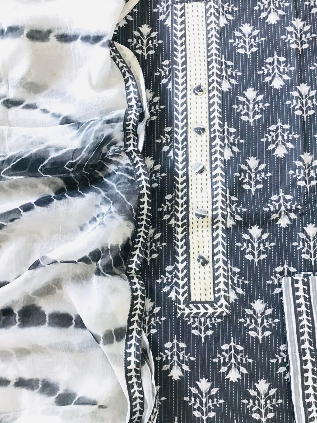 Pure Cotton Printed Embroidered Suit - Grey