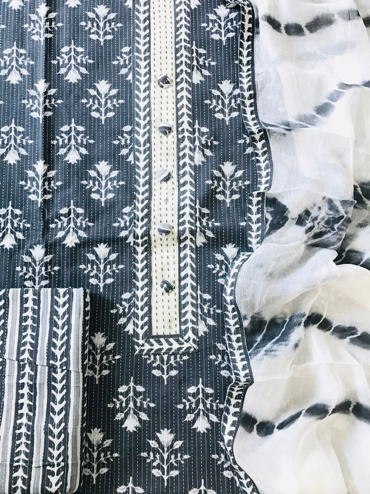 Pure Cotton Printed Embroidered Suit - Grey