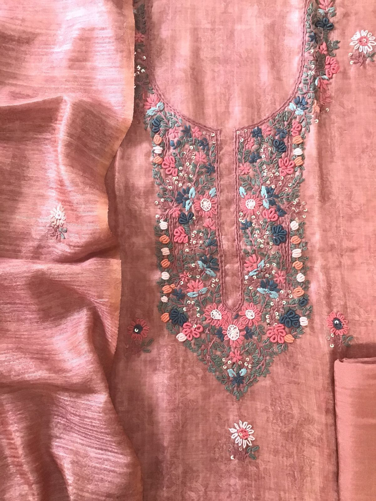 Soft Raw Silk Printed Embroidered Suit - Peach