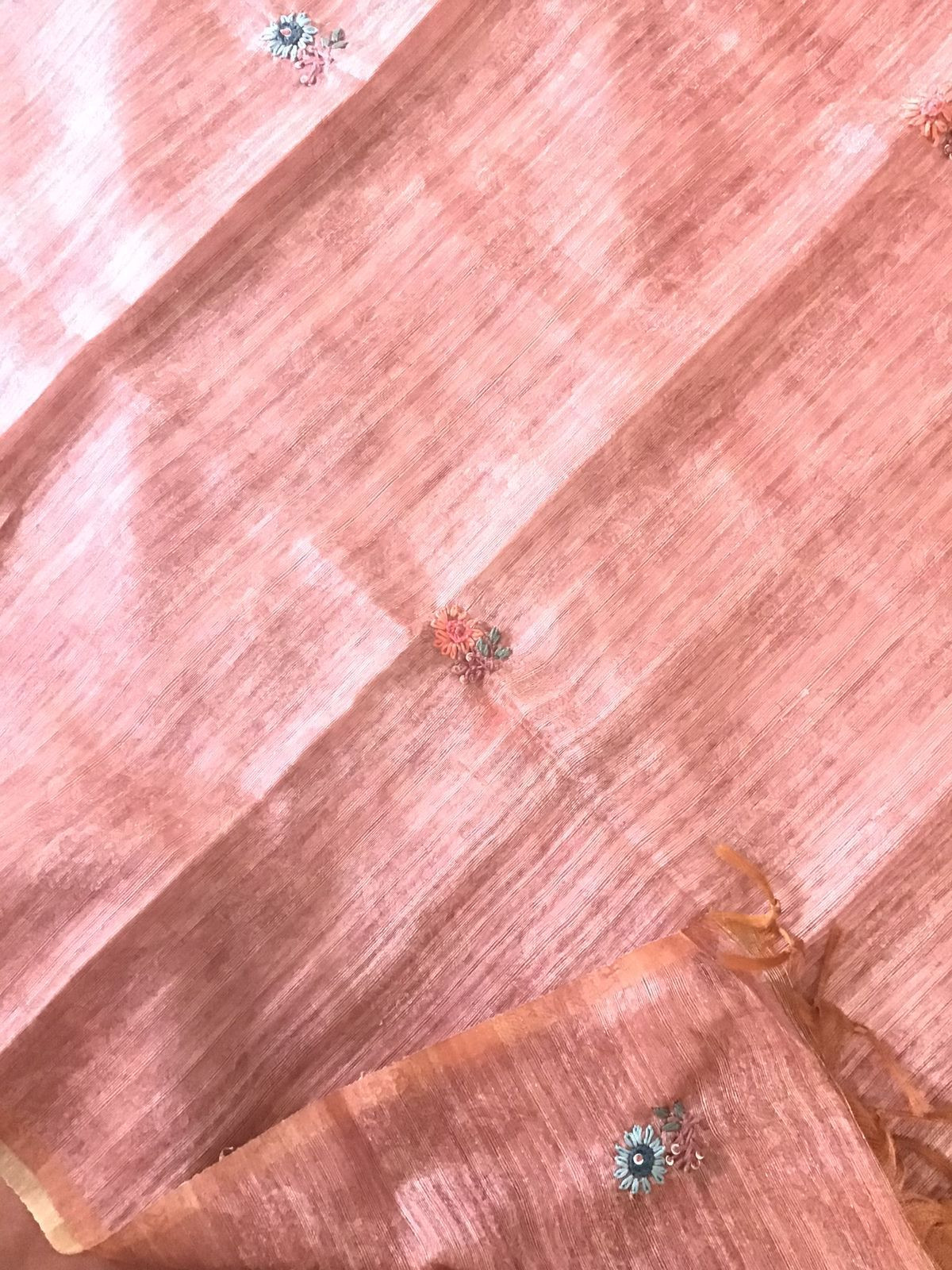 Soft Raw Silk Printed Embroidered Suit - Peach