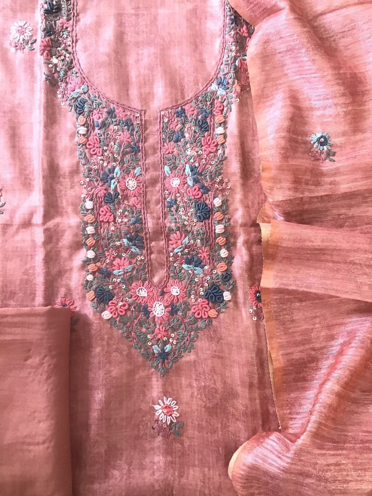 Soft Raw Silk Printed Embroidered Suit - Peach