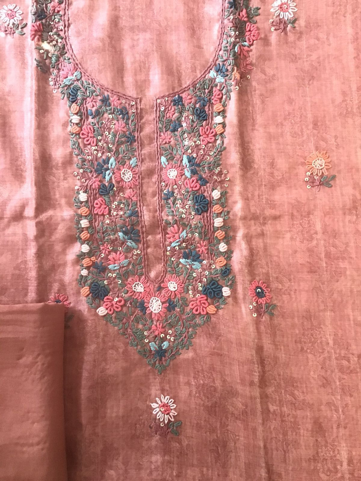Soft Raw Silk Printed Embroidered Suit - Peach