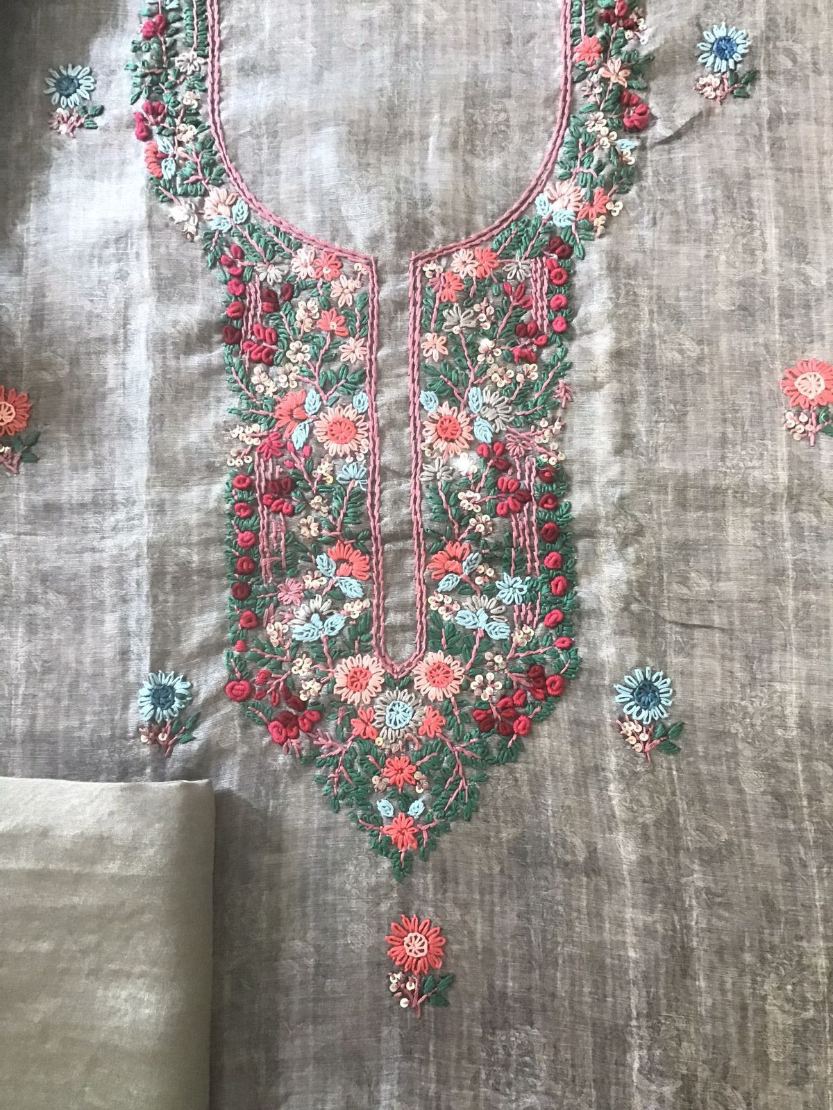 Soft Raw Silk Printed Embroidered Suit - Grey