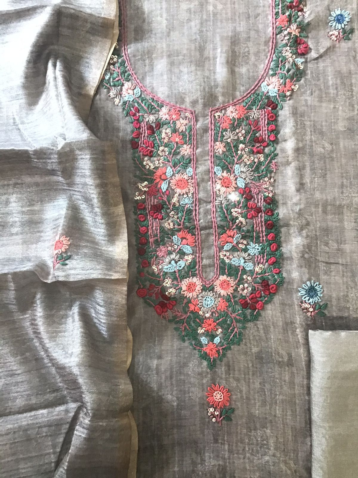 Soft Raw Silk Printed Embroidered Suit - Grey