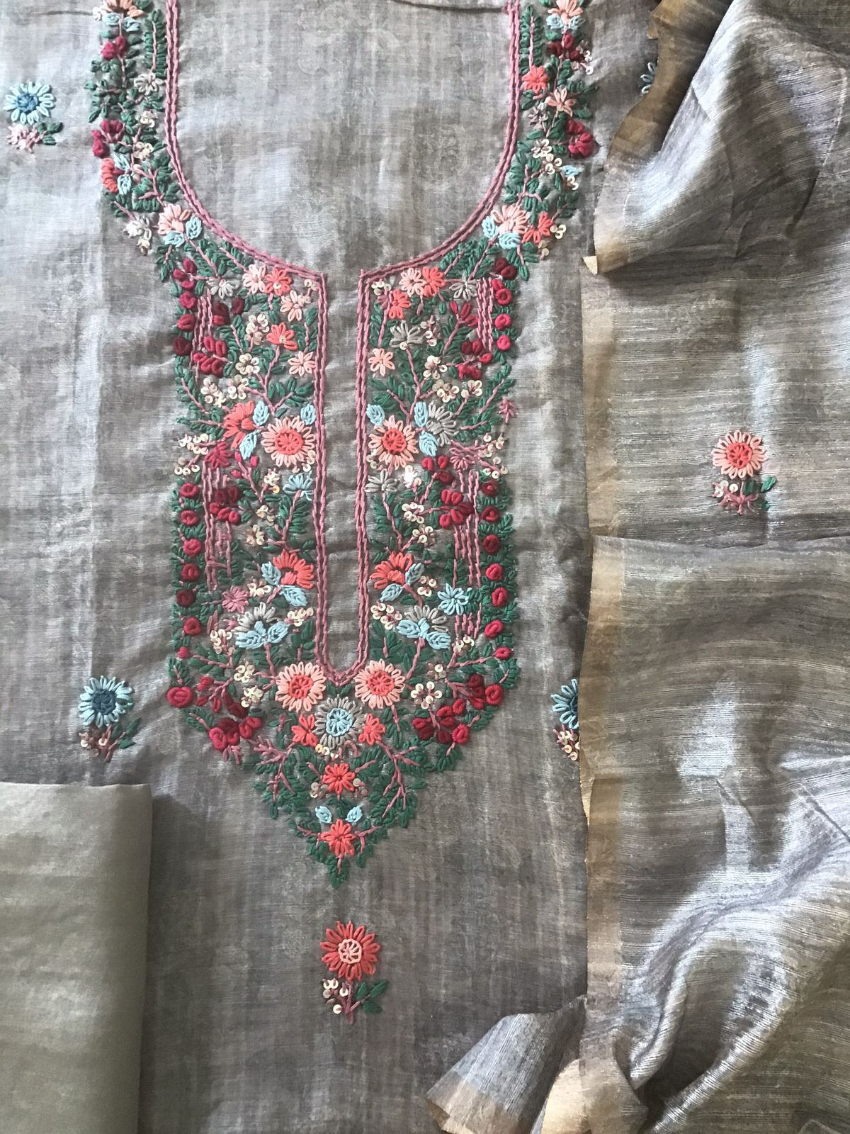 Soft Raw Silk Printed Embroidered Suit - Grey