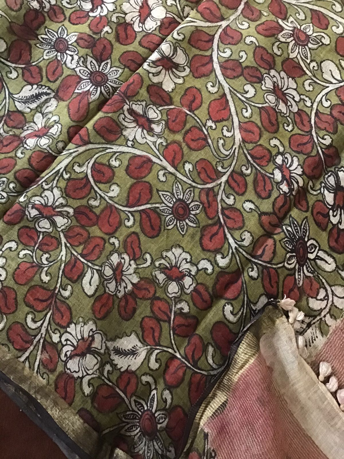 Pure Cotton Silk Kalamkari Printed Embroidered Suit - Brown