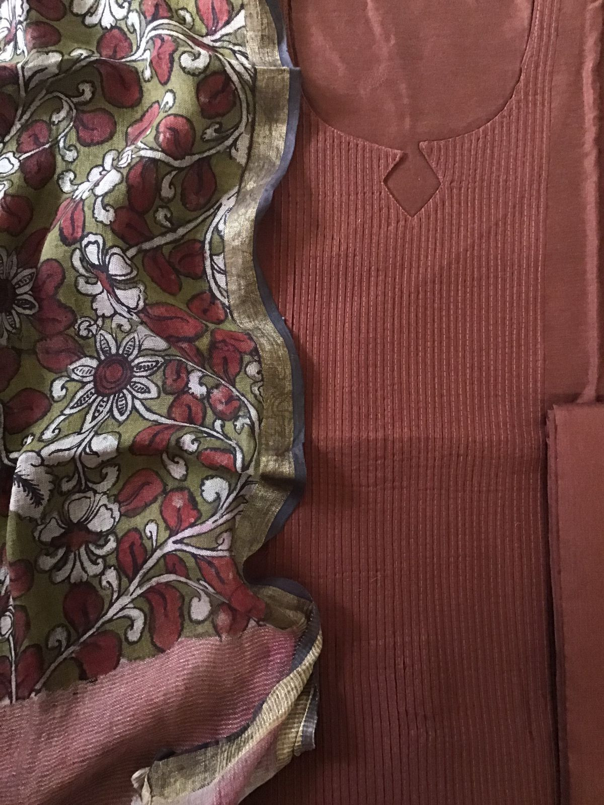 Pure Cotton Silk Kalamkari Printed Embroidered Suit - Brown