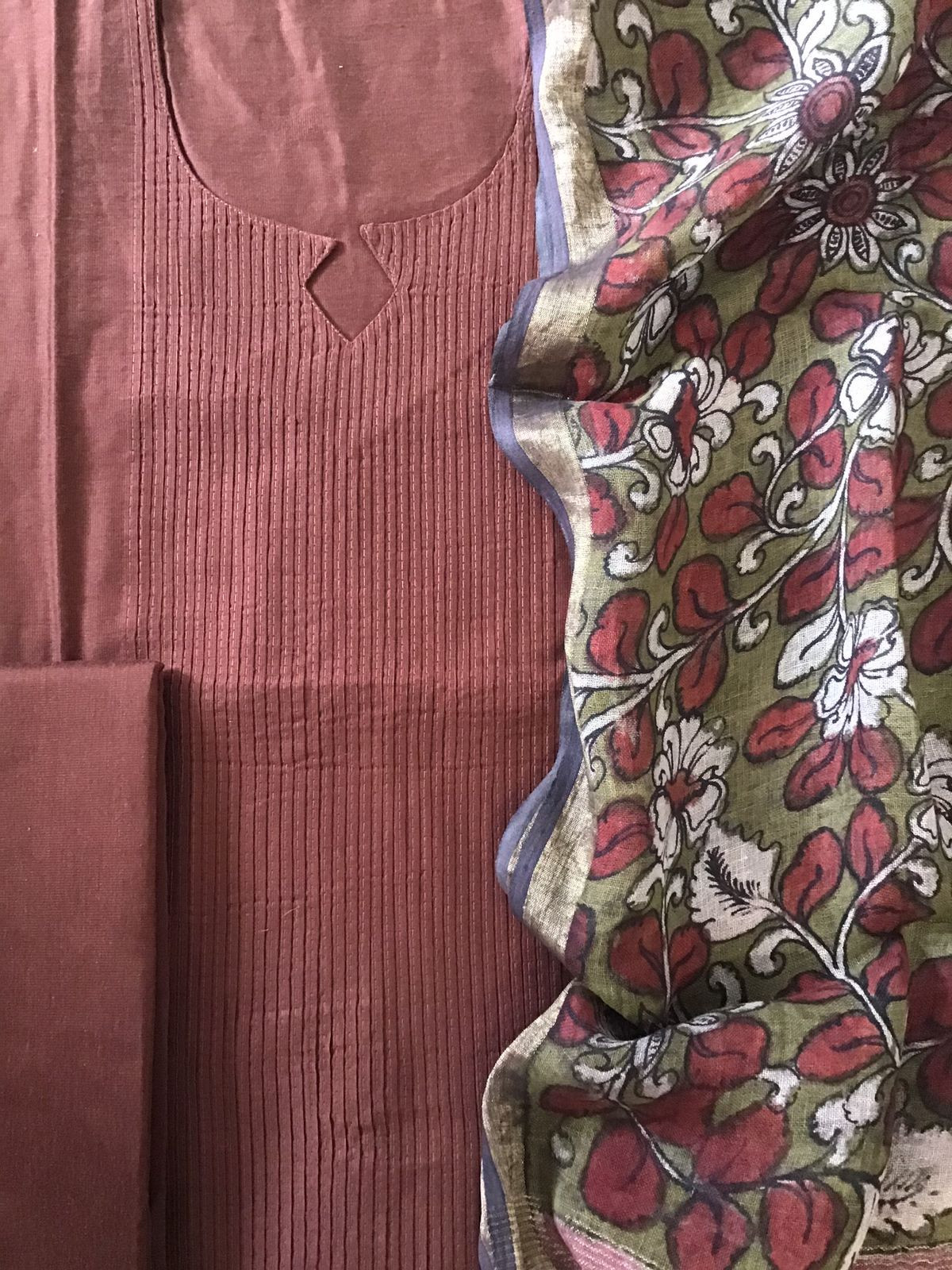 Pure Cotton Silk Kalamkari Printed Embroidered Suit - Brown