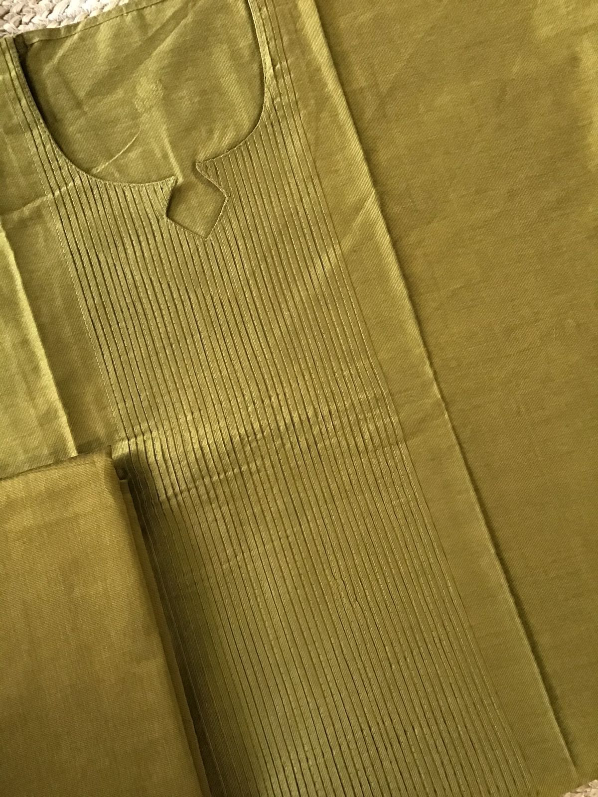 Pure Cotton Silk Kalamkari Printed Embroidered Suit - Yellowish Green