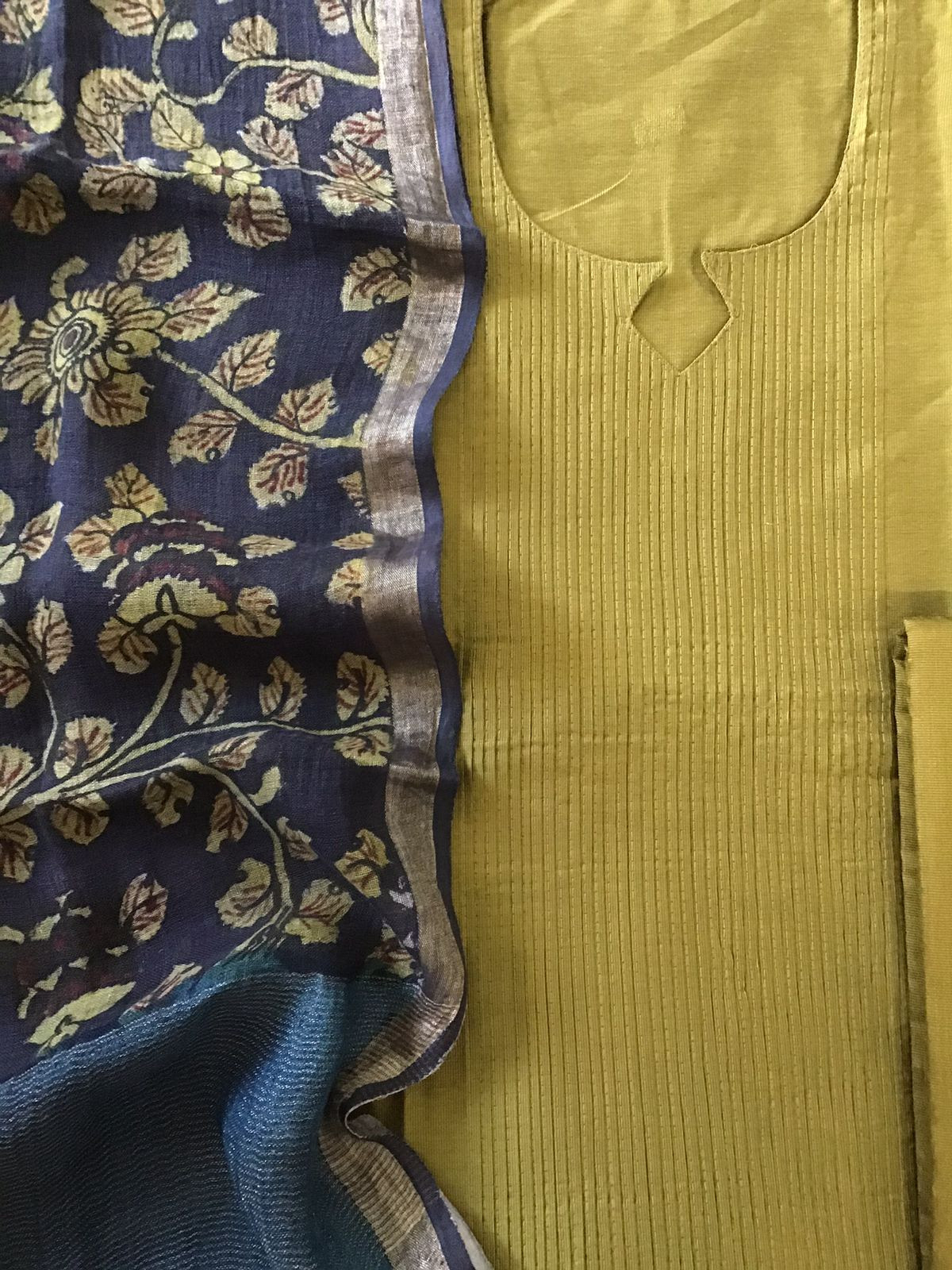 Pure Cotton Silk Kalamkari Printed Embroidered Suit - Yellowish Green