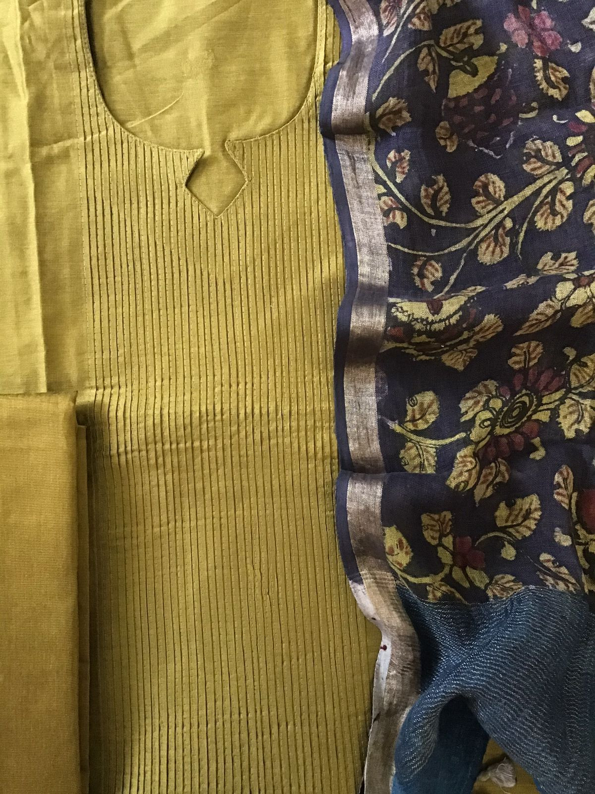 Pure Cotton Silk Kalamkari Printed Embroidered Suit - Yellowish Green