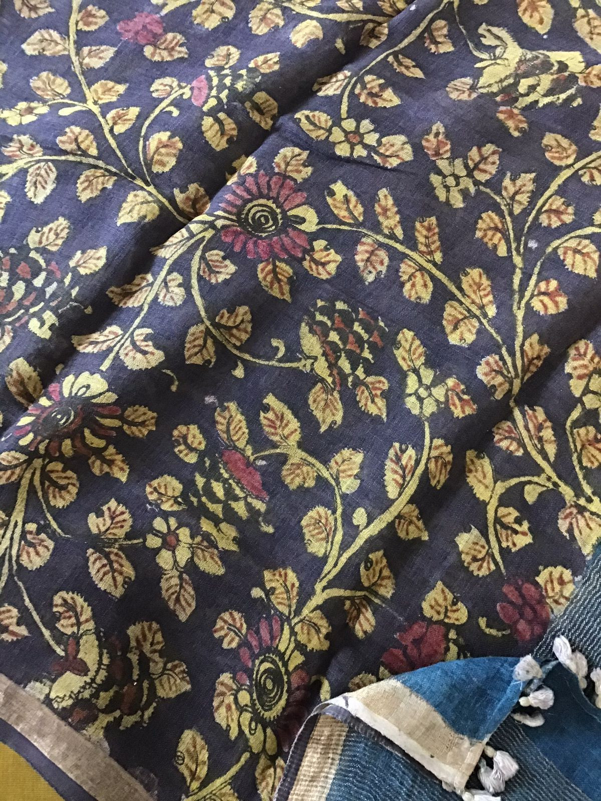 Pure Cotton Silk Kalamkari Printed Embroidered Suit - Yellowish Green