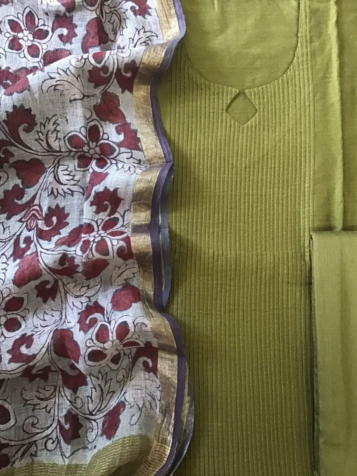 Pure Cotton Silk Kalamkari Printed Embroidered Suit - Green