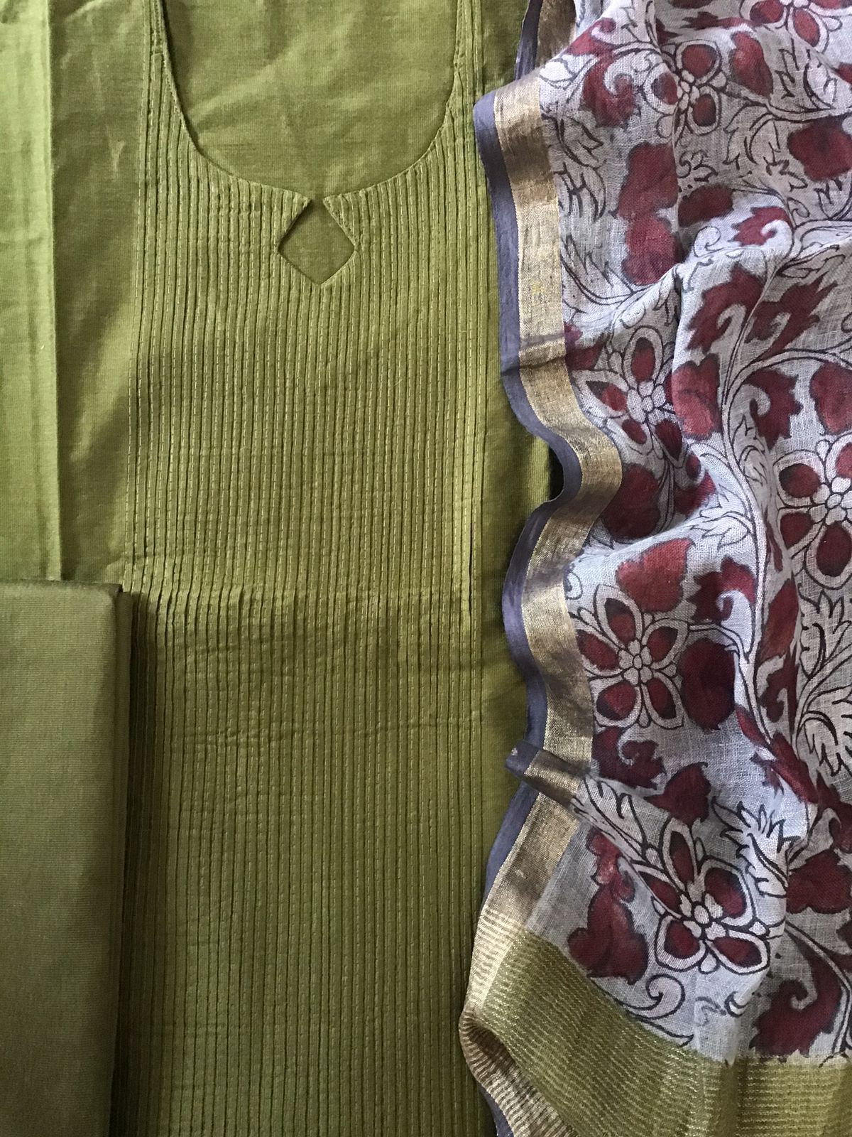 Pure Cotton Silk Kalamkari Printed Embroidered Suit - Green