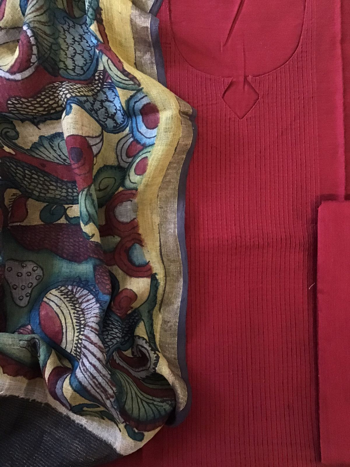 Pure Cotton Silk Kalamkari Printed Embroidered Suit - Maroon