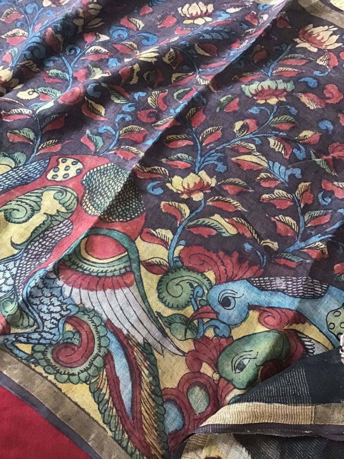 Pure Cotton Silk Kalamkari Printed Embroidered Suit - Maroon