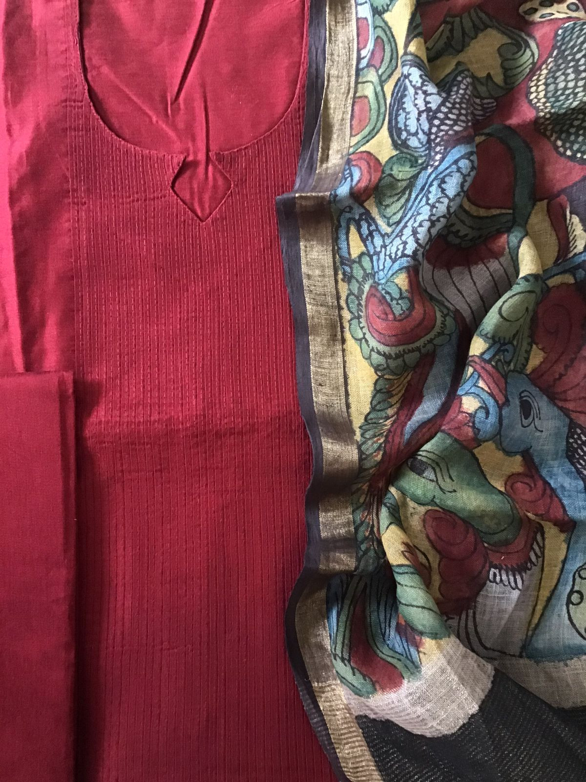 Pure Cotton Silk Kalamkari Printed Embroidered Suit - Maroon