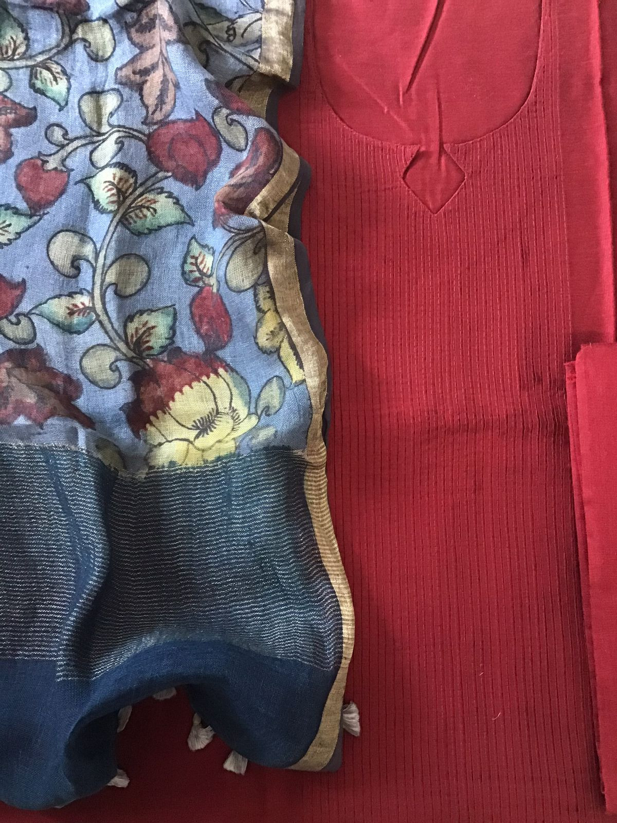 Pure Cotton Silk Kalamkari Printed Embroidered Suit - Maroon