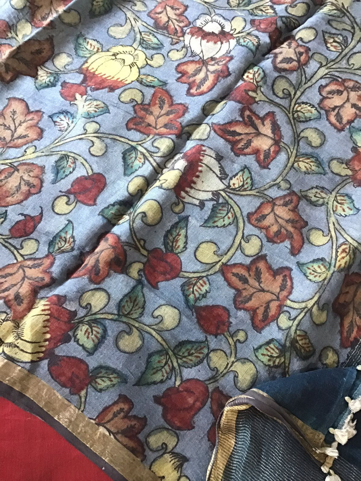 Pure Cotton Silk Kalamkari Printed Embroidered Suit - Maroon