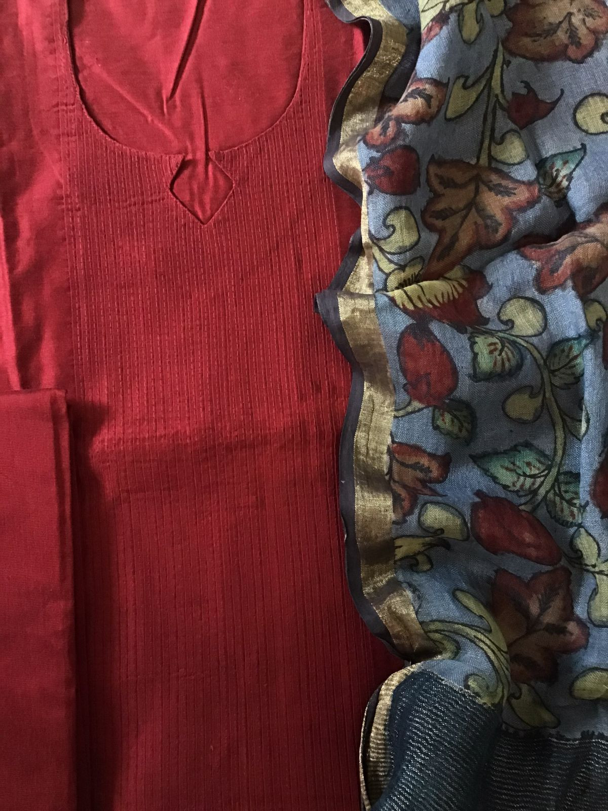 Pure Cotton Silk Kalamkari Printed Embroidered Suit - Maroon