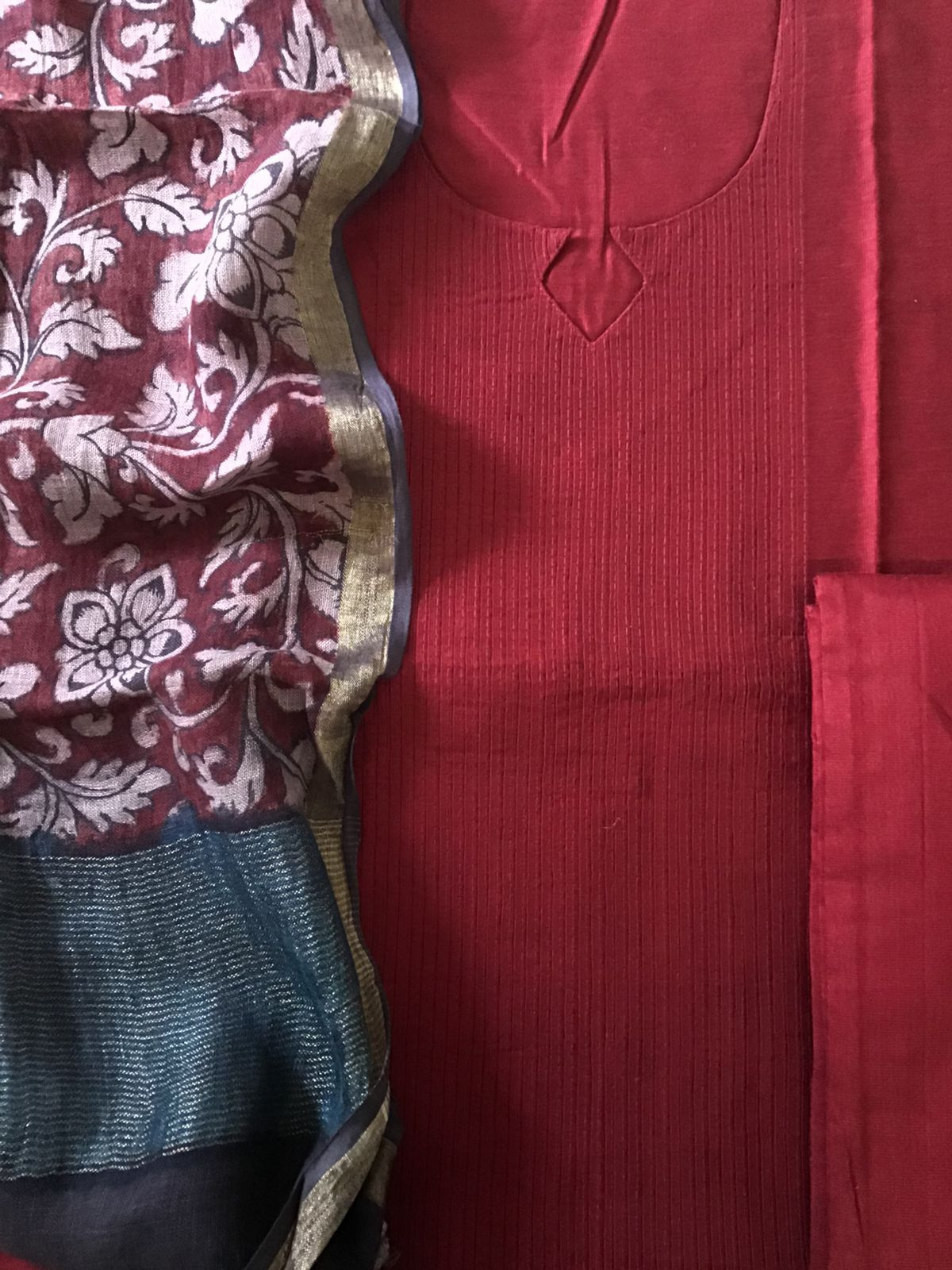 Pure Cotton Silk Kalamkari Printed Embroidered Suit - Maroon