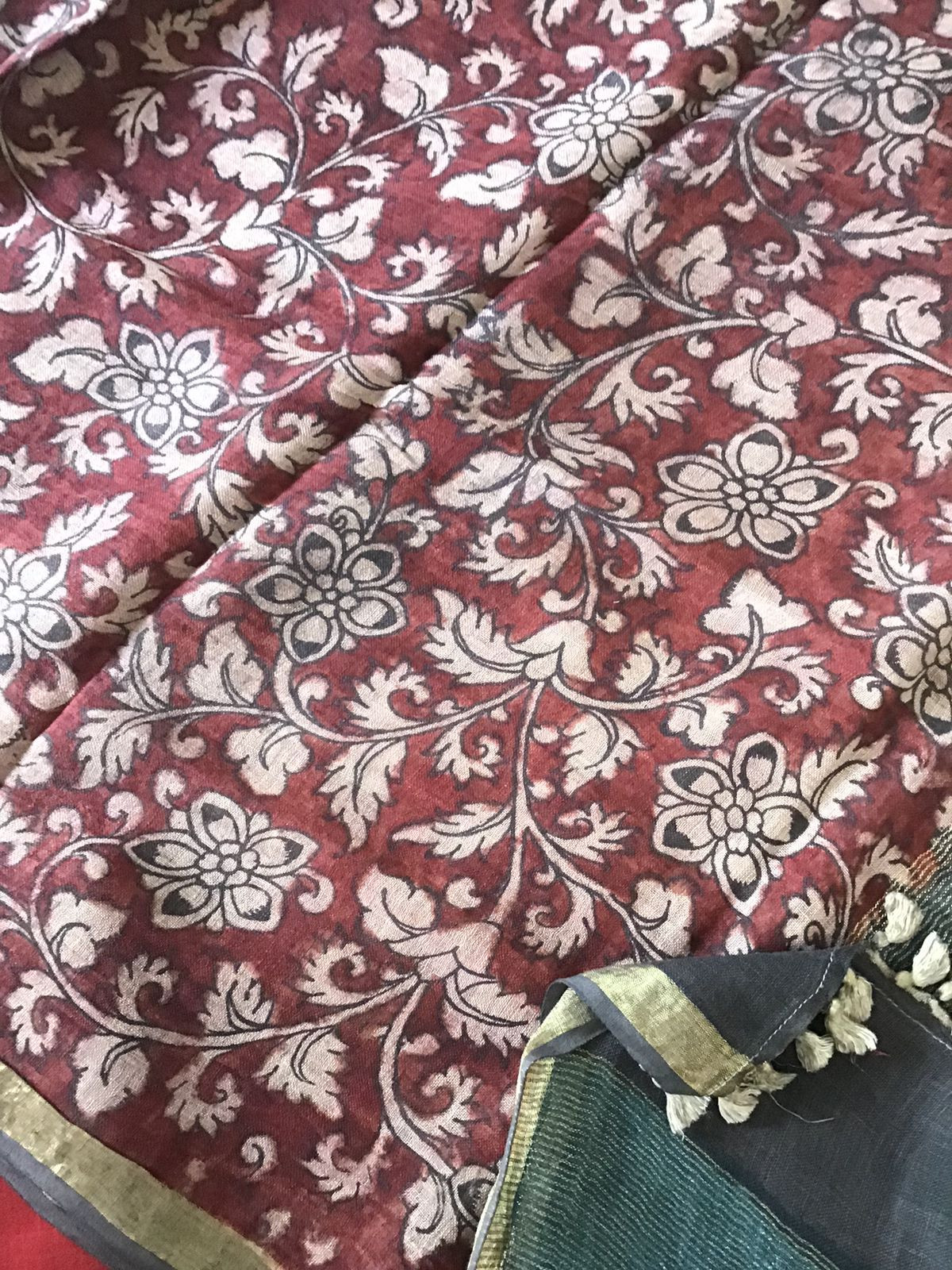 Pure Cotton Silk Kalamkari Printed Embroidered Suit - Maroon
