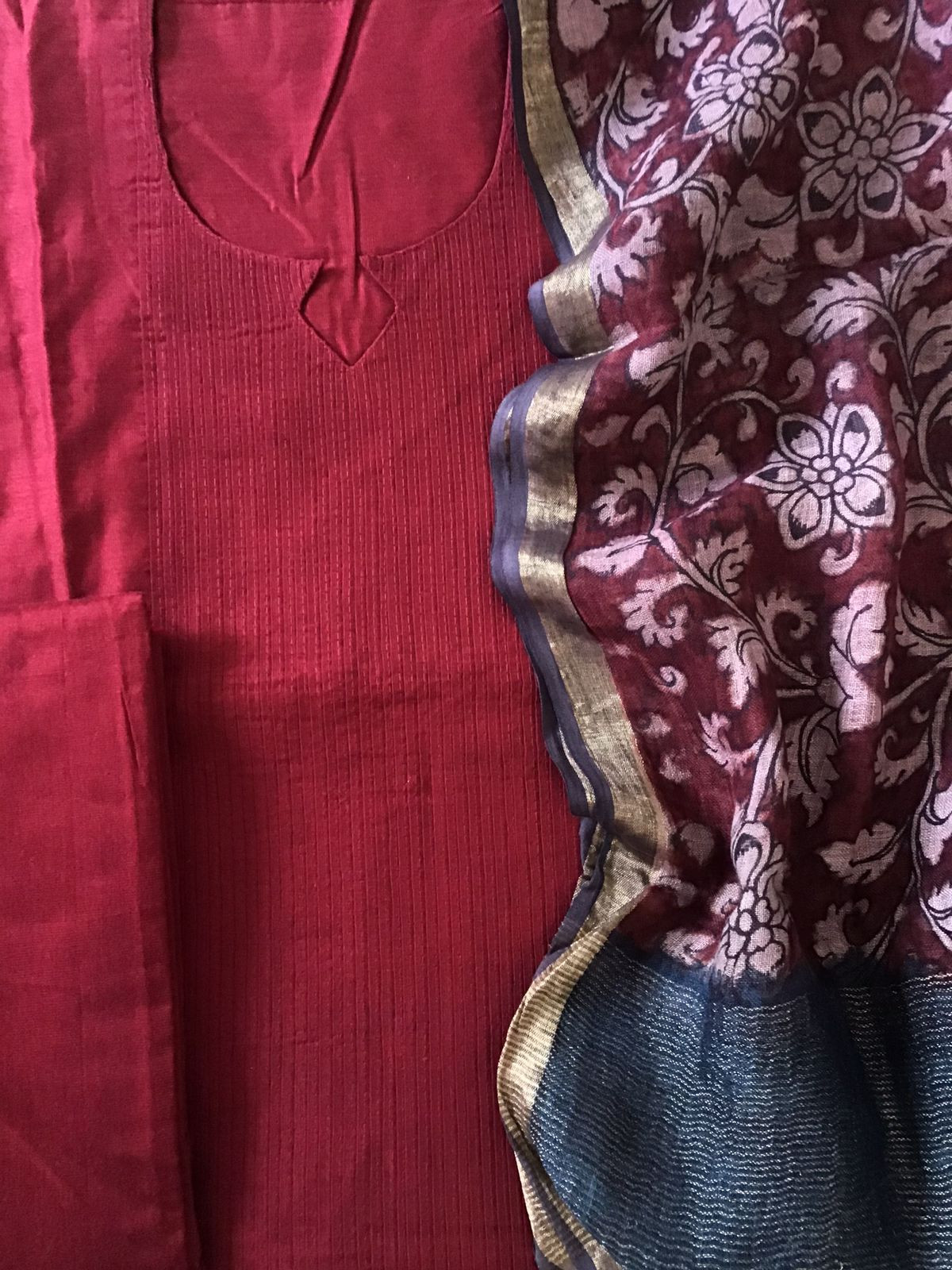 Pure Cotton Silk Kalamkari Printed Embroidered Suit - Maroon