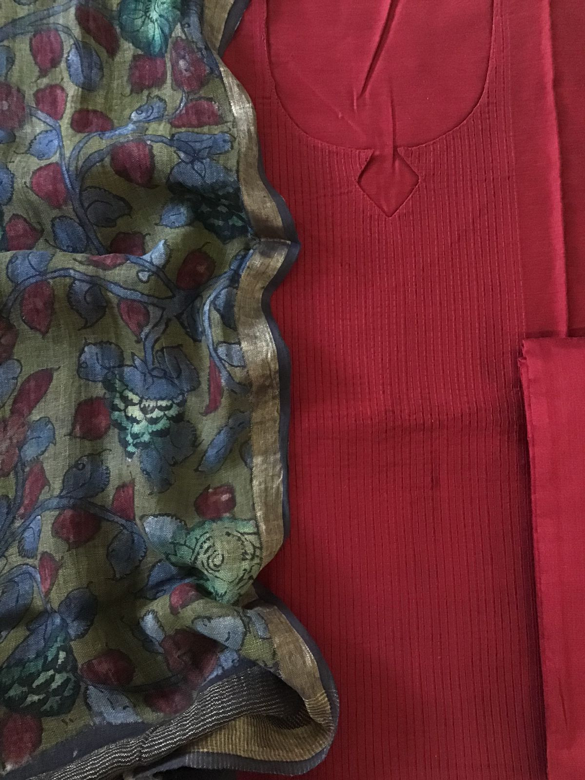 Pure Cotton Silk Kalamkari Printed Embroidered Suit - Maroon