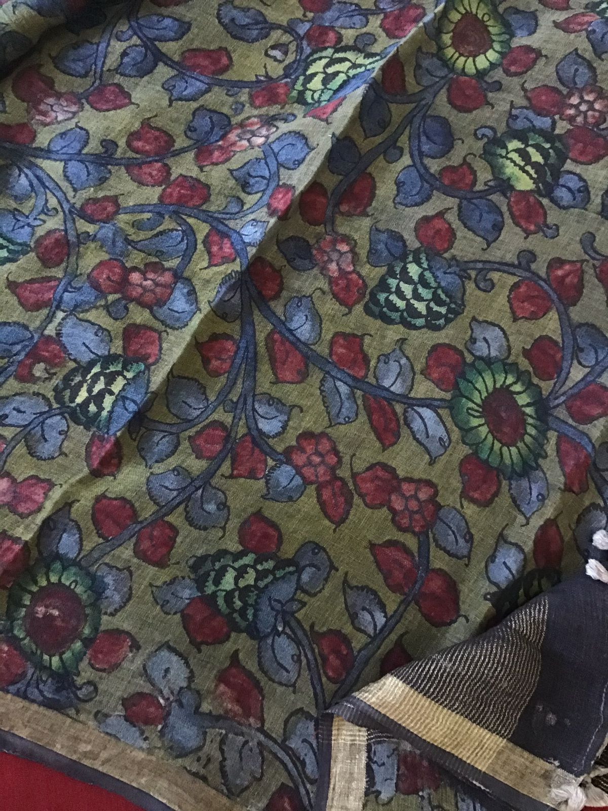 Pure Cotton Silk Kalamkari Printed Embroidered Suit - Maroon