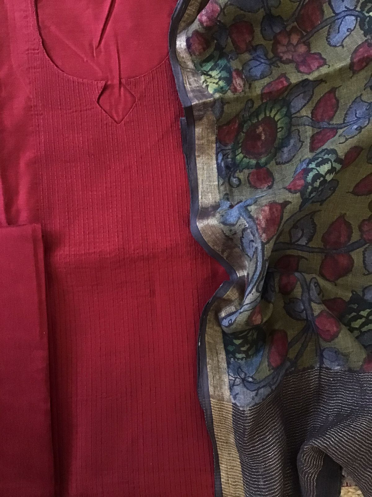 Pure Cotton Silk Kalamkari Printed Embroidered Suit - Maroon