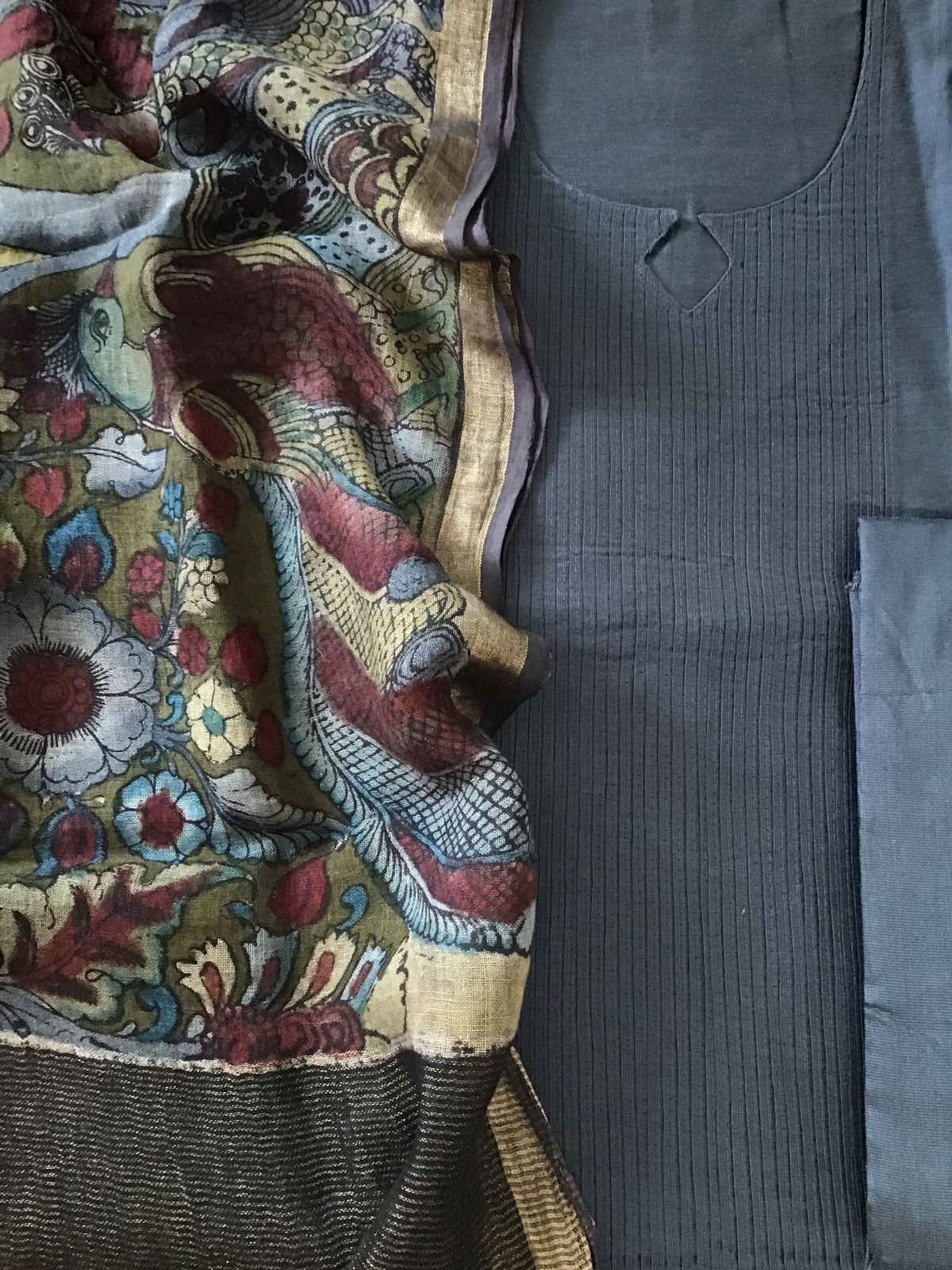 Pure Cotton Silk Kalamkari Printed Embroidered Suit - Grey