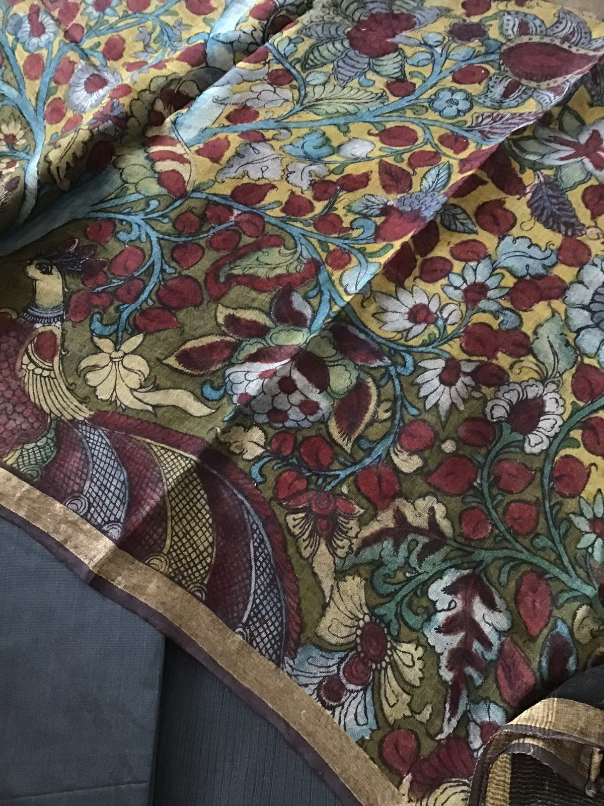 Pure Cotton Silk Kalamkari Printed Embroidered Suit - Grey