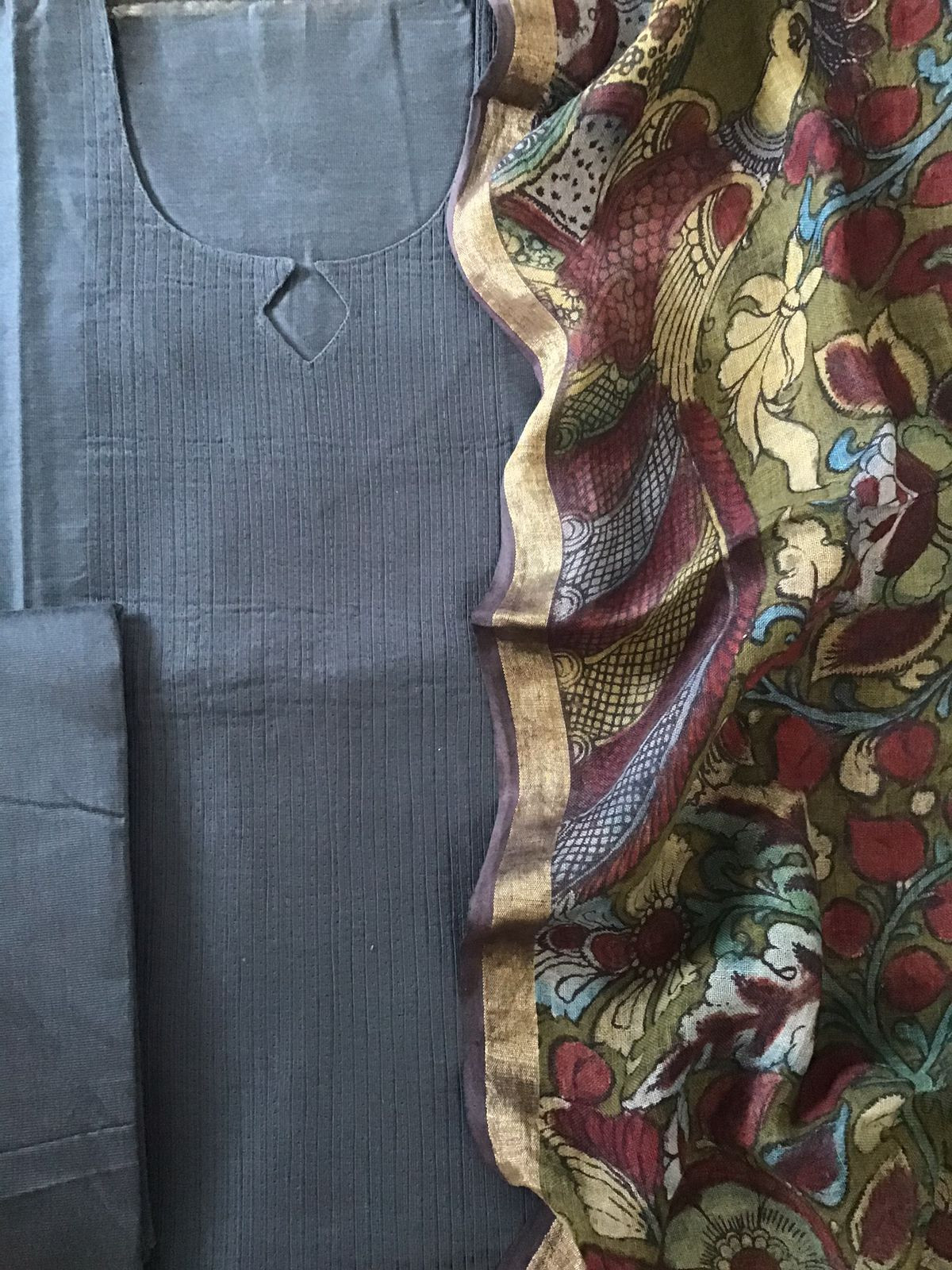 Pure Cotton Silk Kalamkari Printed Embroidered Suit - Grey