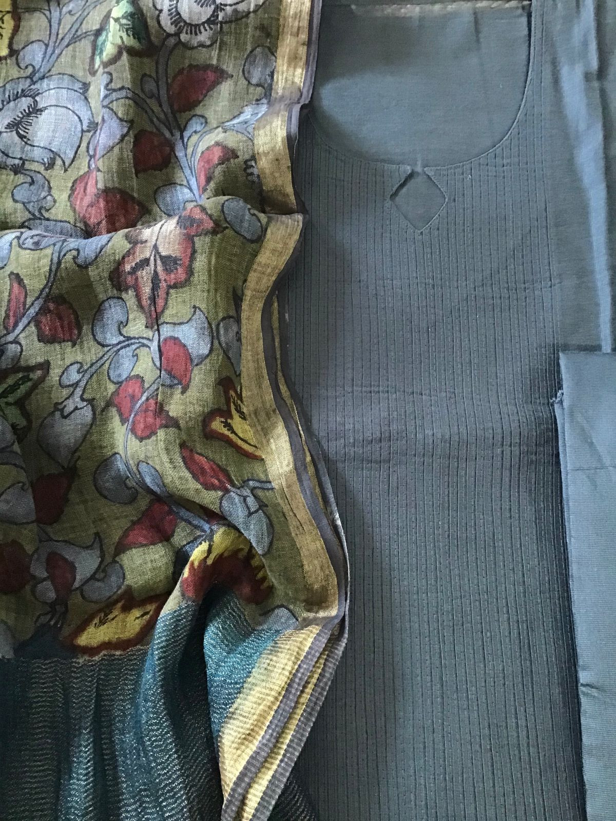 Pure Cotton Silk Kalamkari Printed Embroidered Suit - Grey