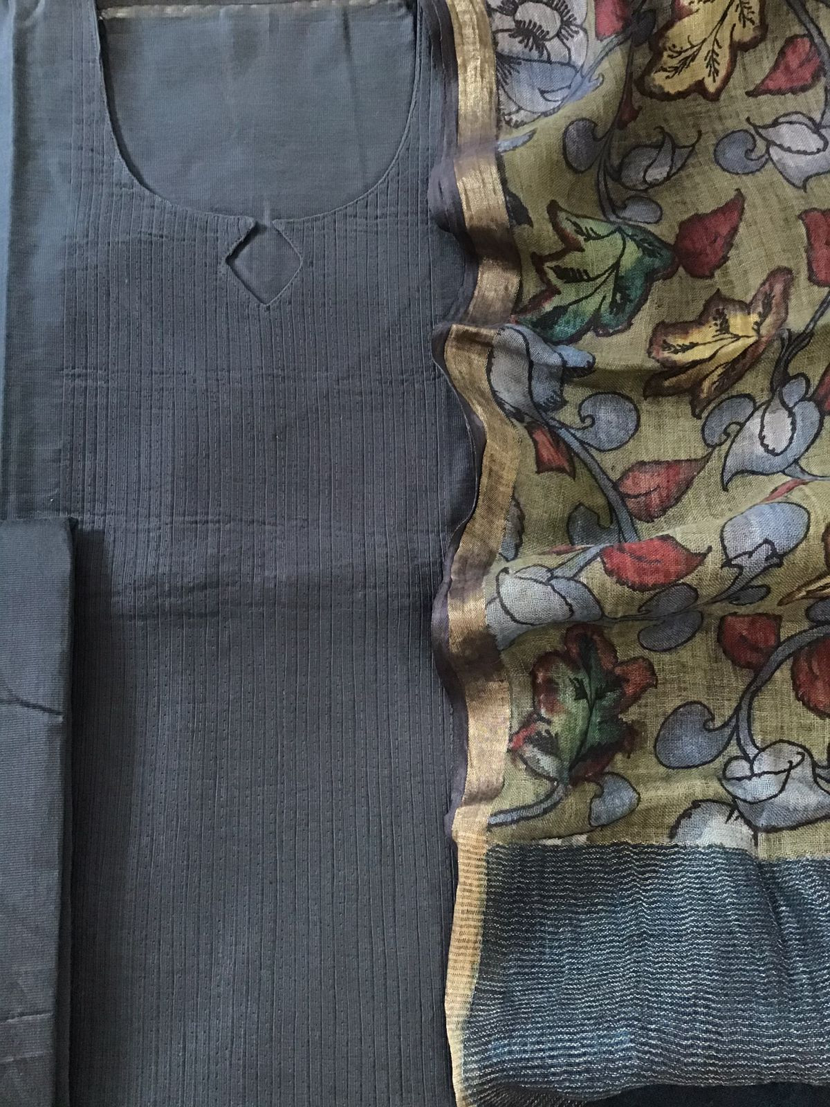 Pure Cotton Silk Kalamkari Printed Embroidered Suit - Grey