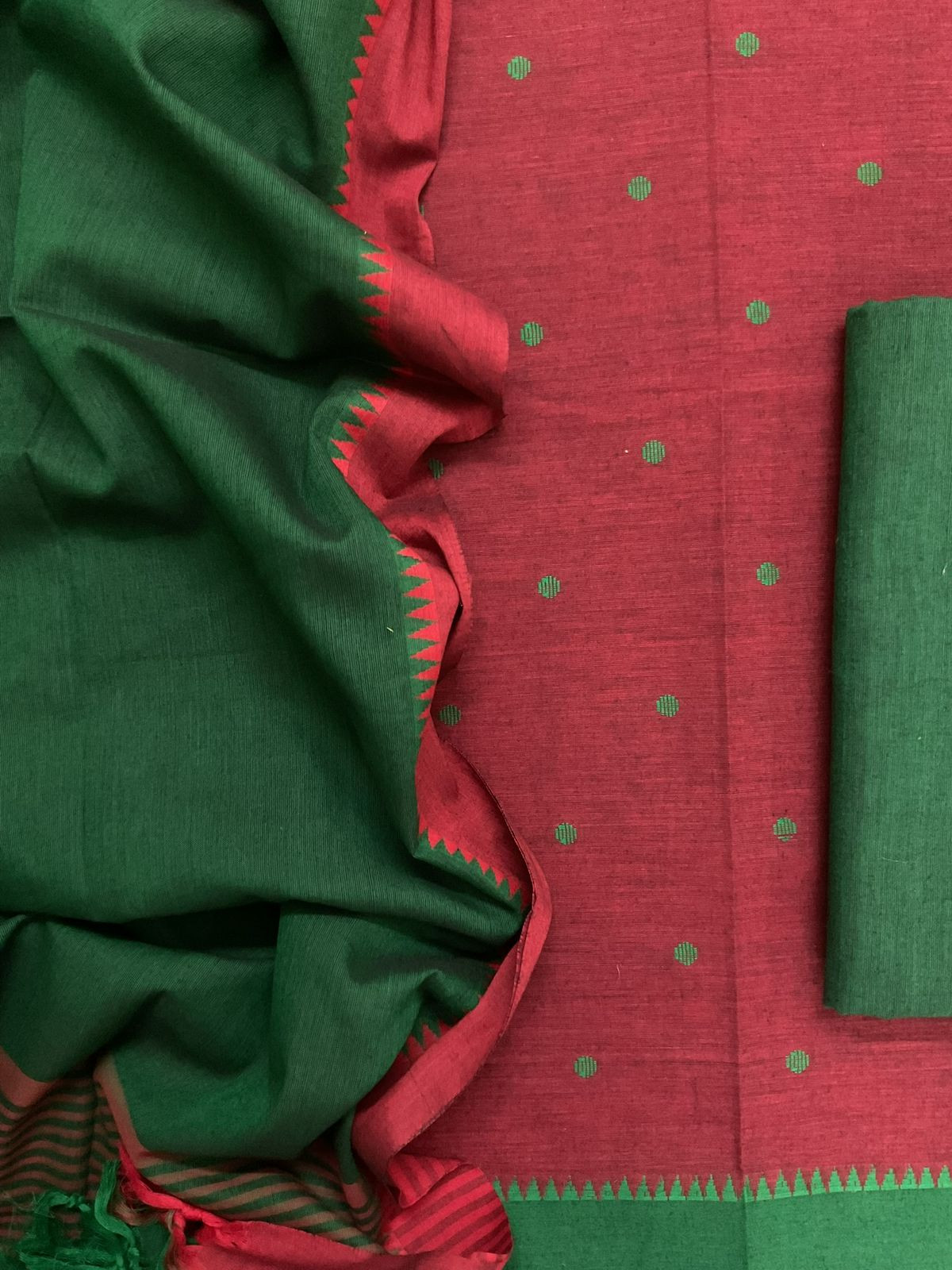 Pure Handloom Cotton Self Weaved Suit - Dark Red