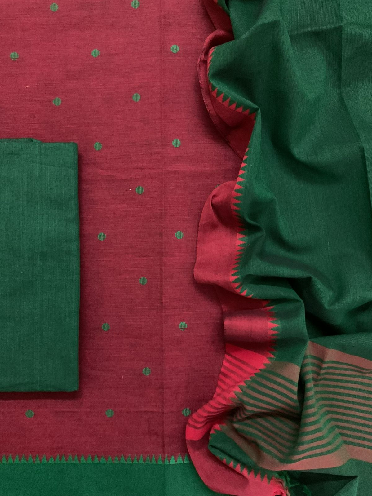 Pure Handloom Cotton Self Weaved Suit - Dark Red