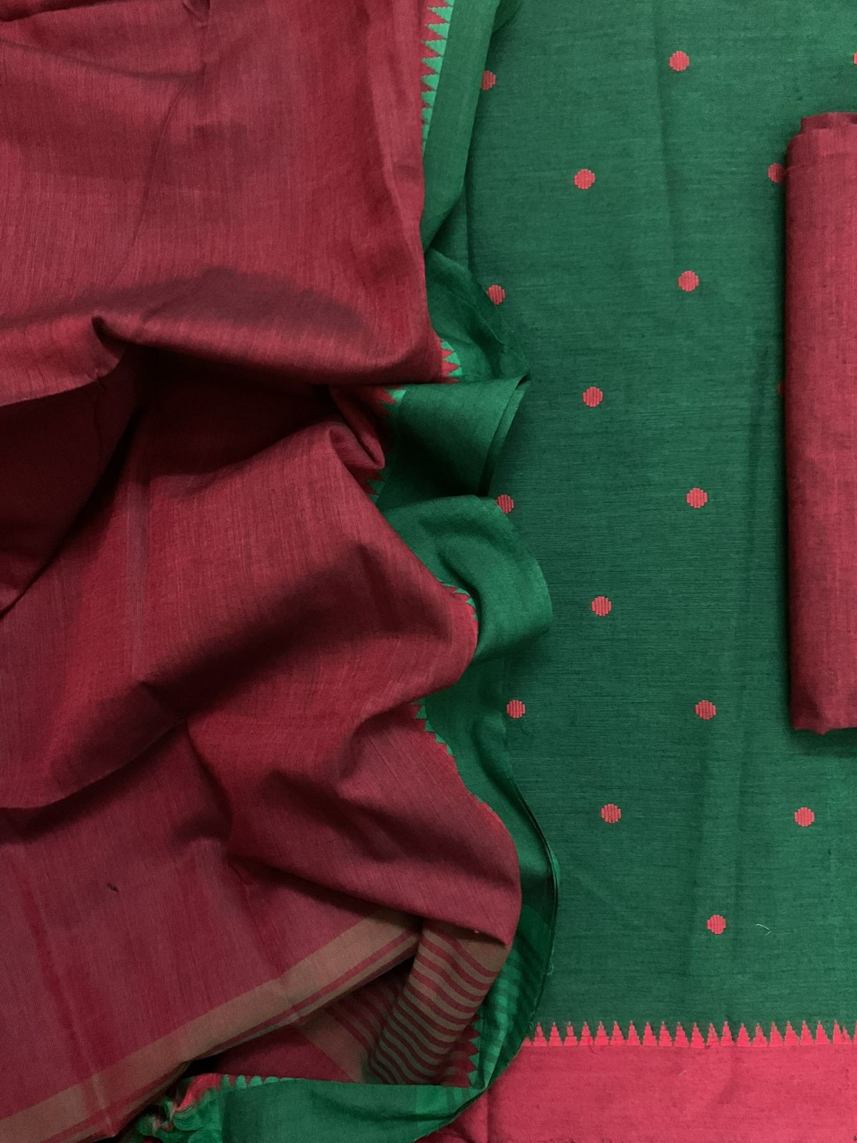 Pure Handloom Cotton Self Weaved Suit - Green