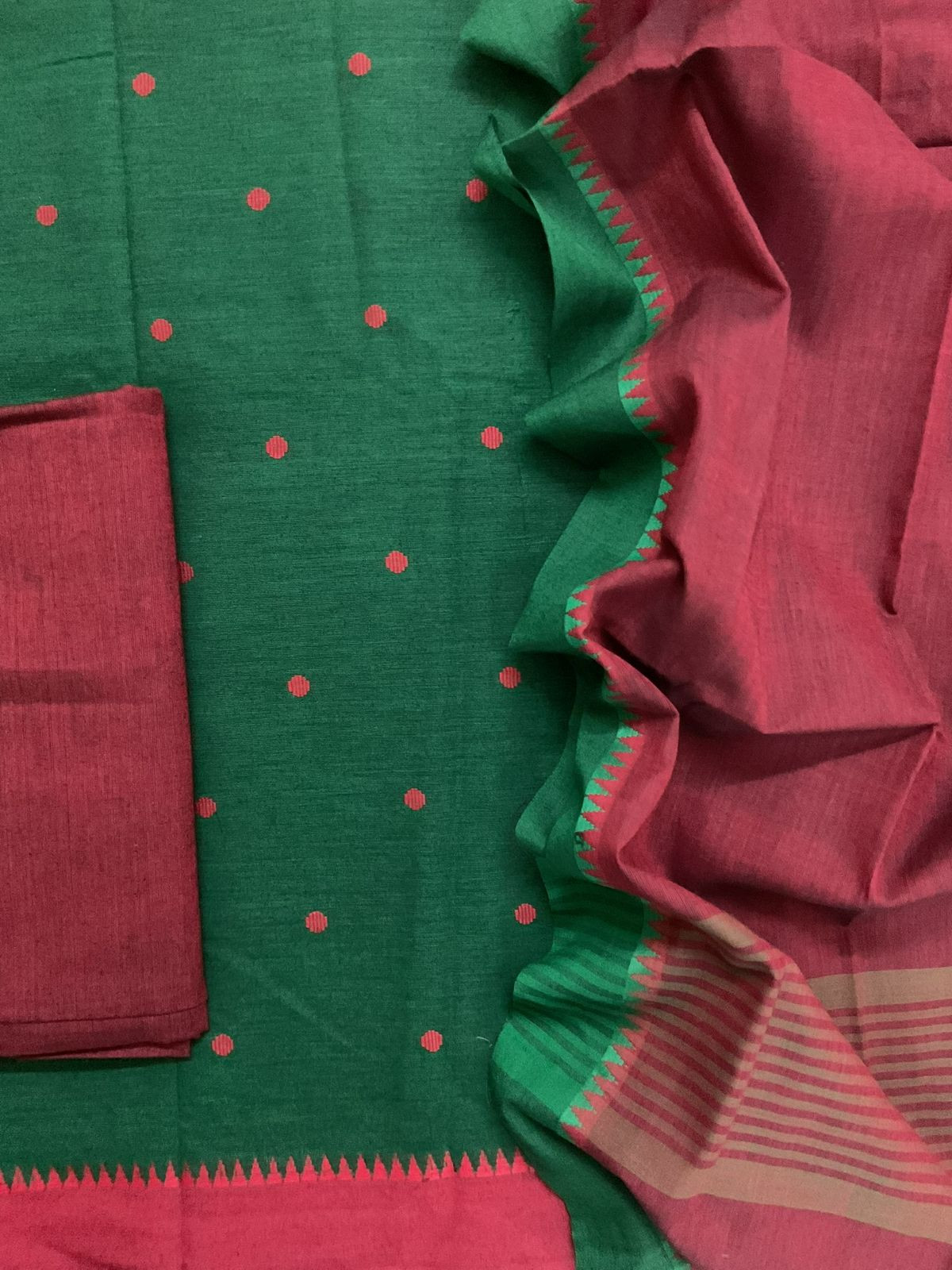 Pure Handloom Cotton Self Weaved Suit - Green