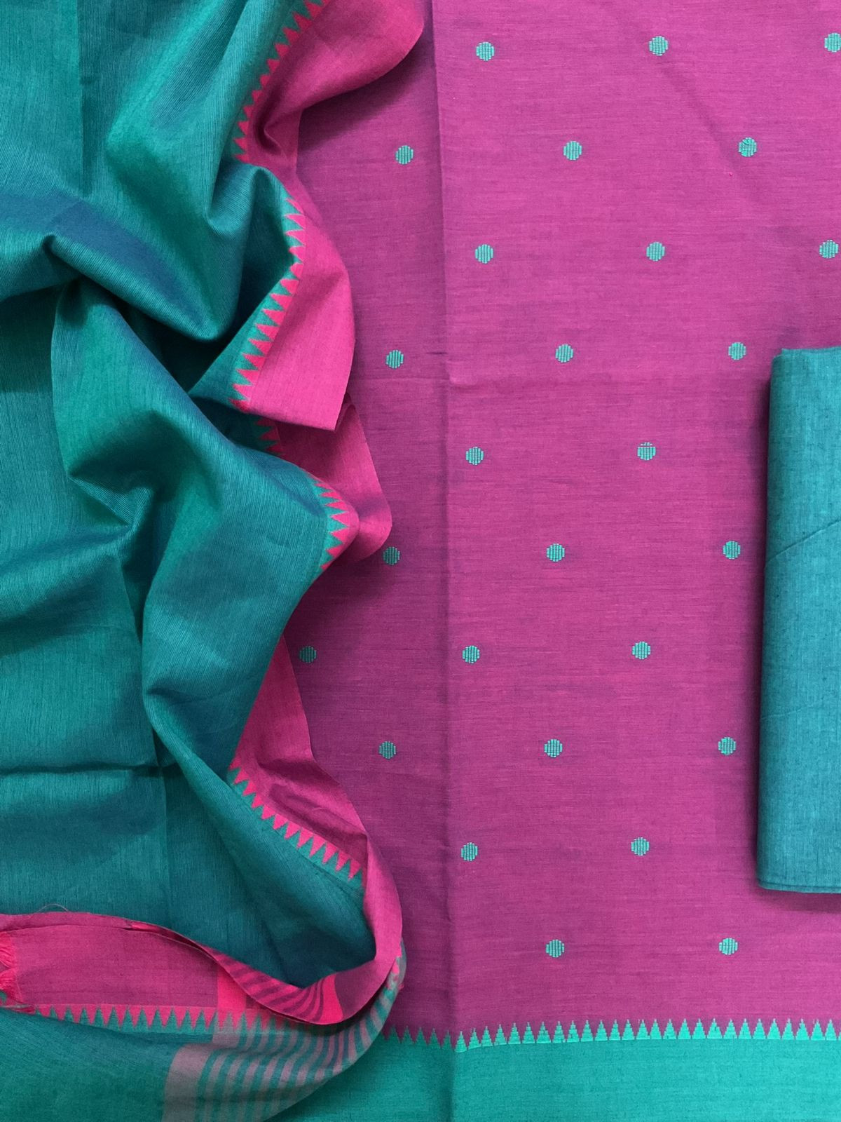 Pure Handloom Cotton Self Weaved Suit - Magenta