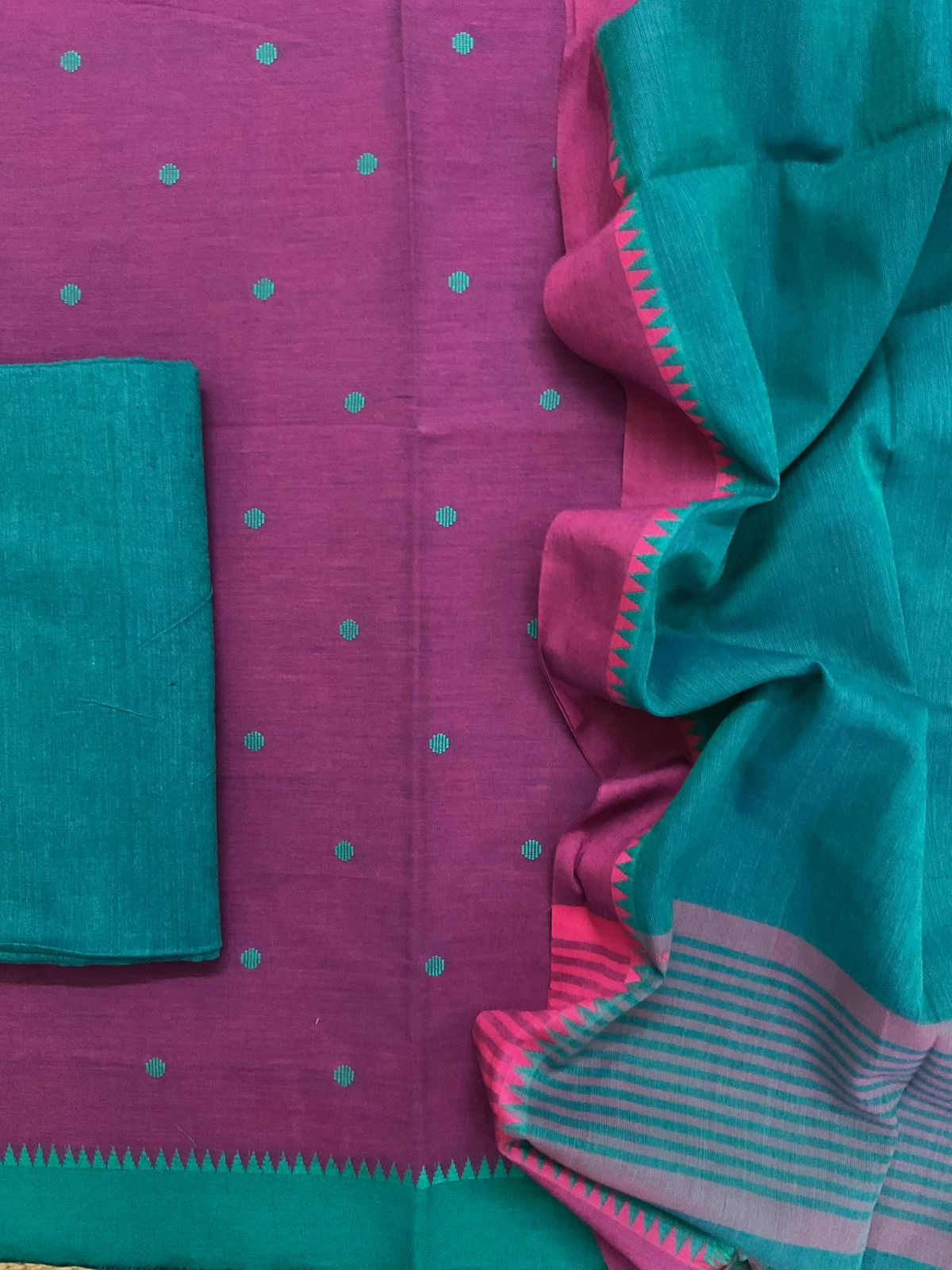 Pure Handloom Cotton Self Weaved Suit - Magenta