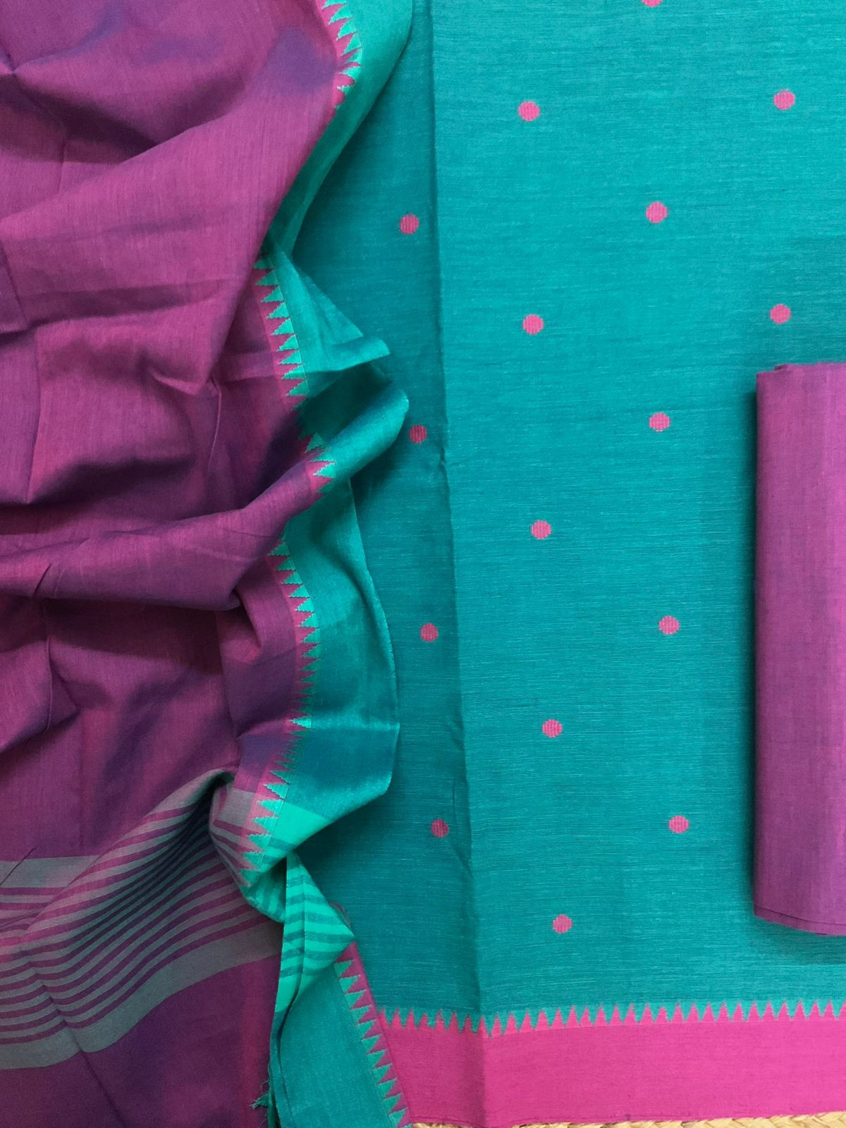 Pure Handloom Cotton Self Weaved Suit - Blue