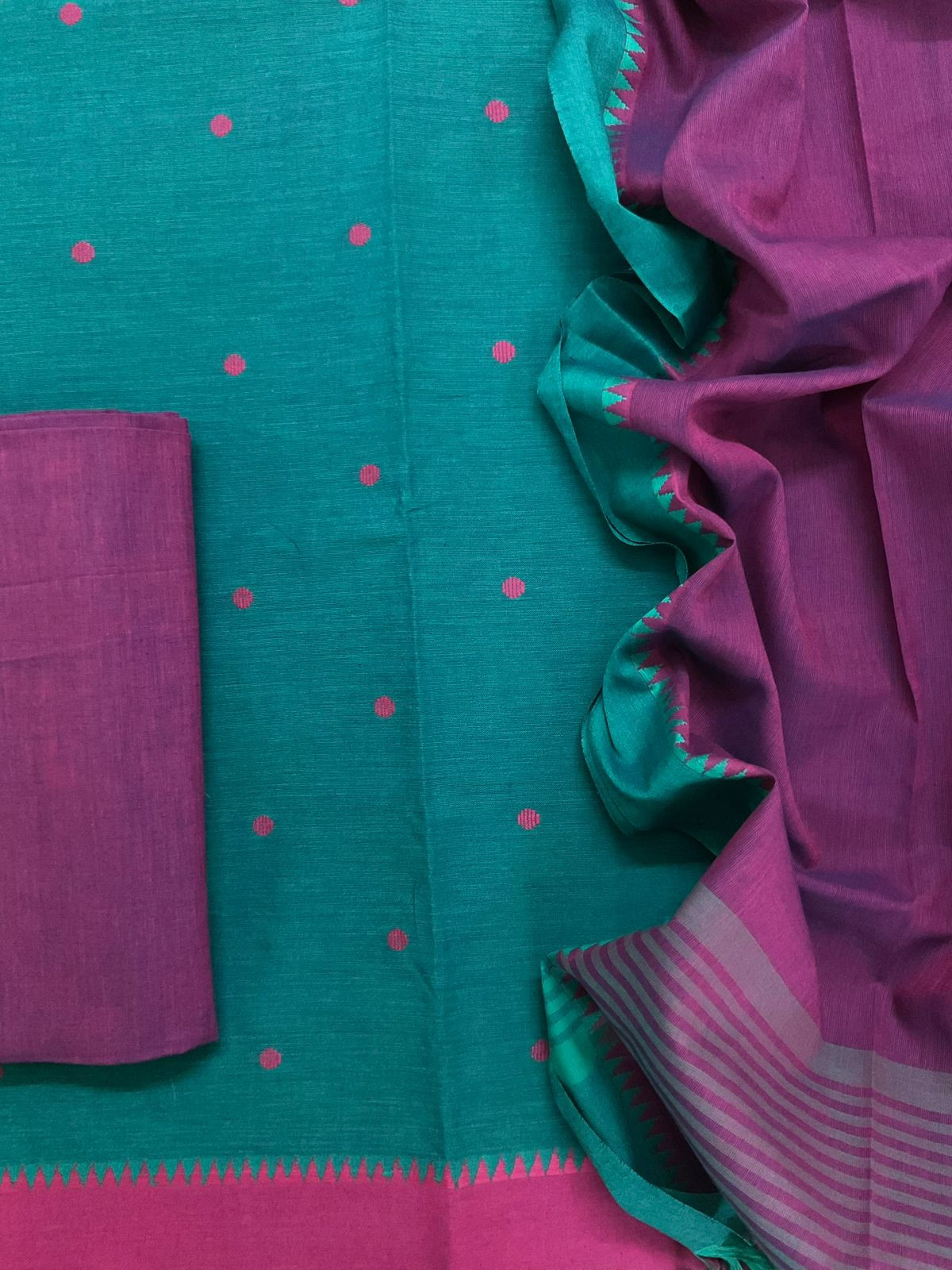 Pure Handloom Cotton Self Weaved Suit - Blue