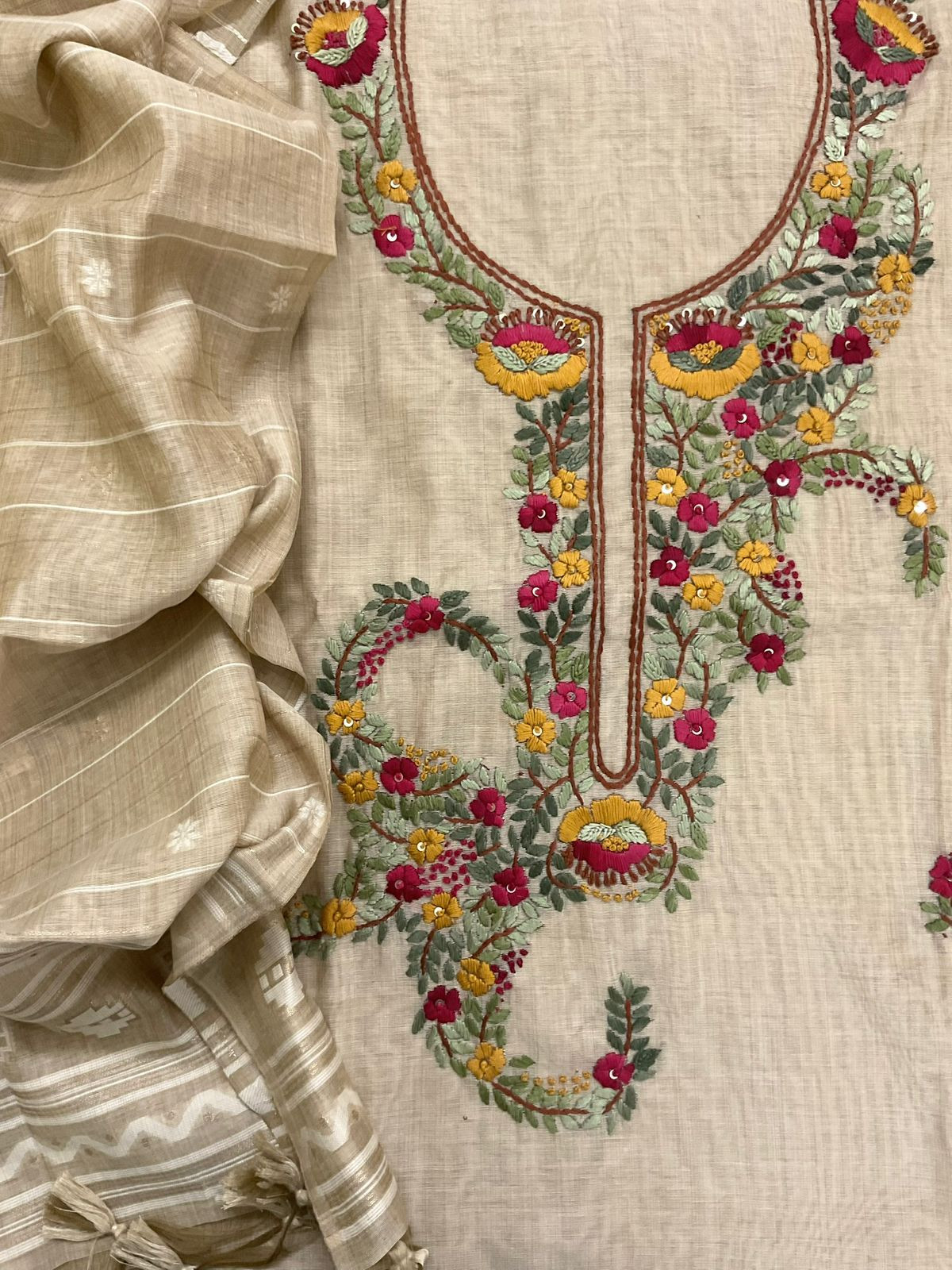 Soft Kora Chanderi Jamdani Weaved Embroidered Suit - Beige