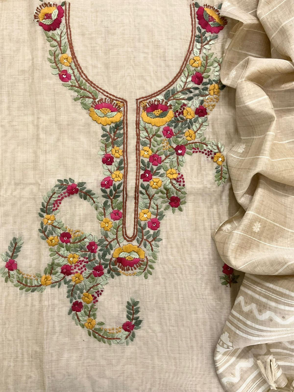 Soft Kora Chanderi Jamdani Weaved Embroidered Suit - Beige
